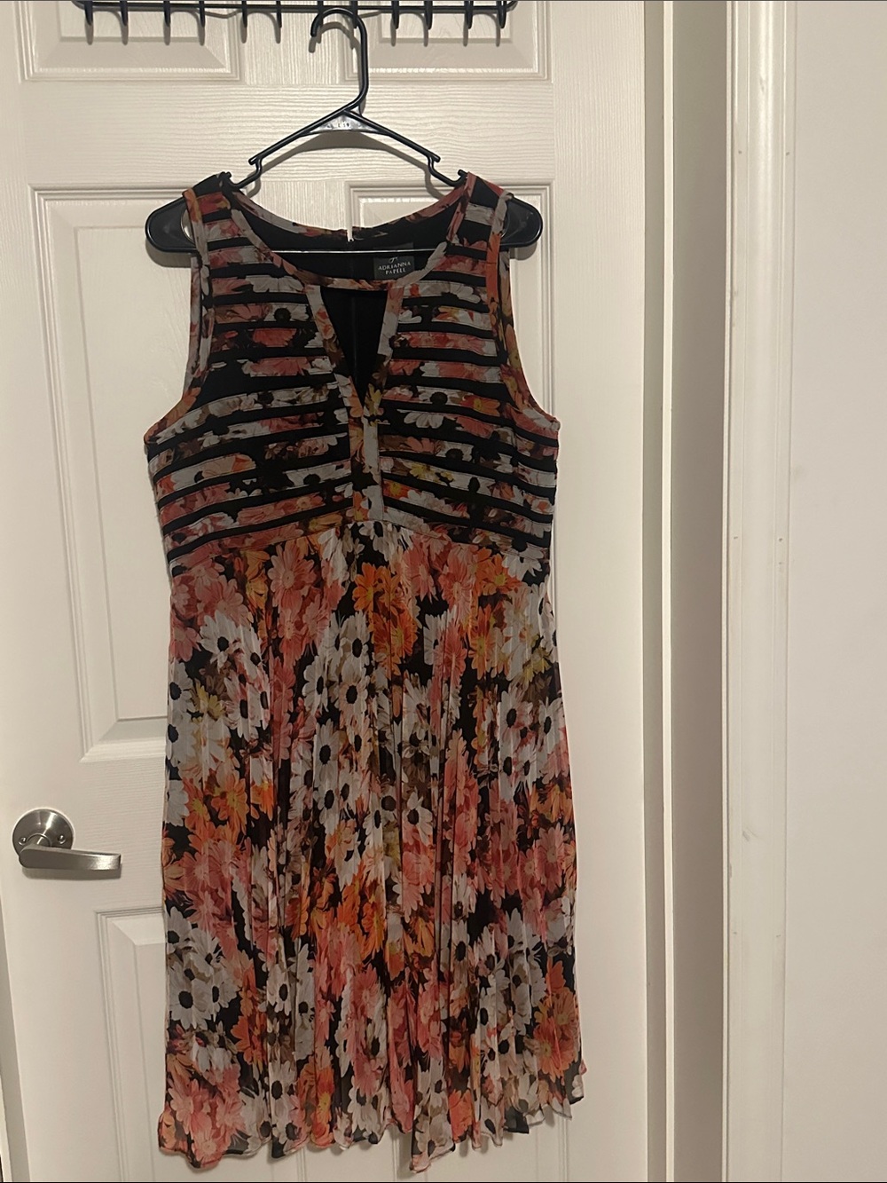 Adrianna Papell Black Floral Pleated Midi Dress with Coral and White Accents